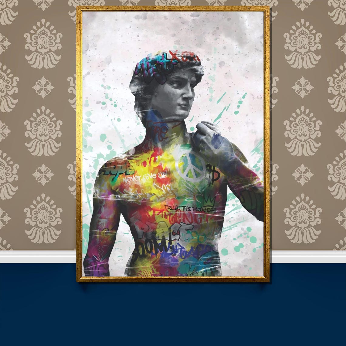 David Statue Colorful Graffiti Never Give Up Inspirational Poster
