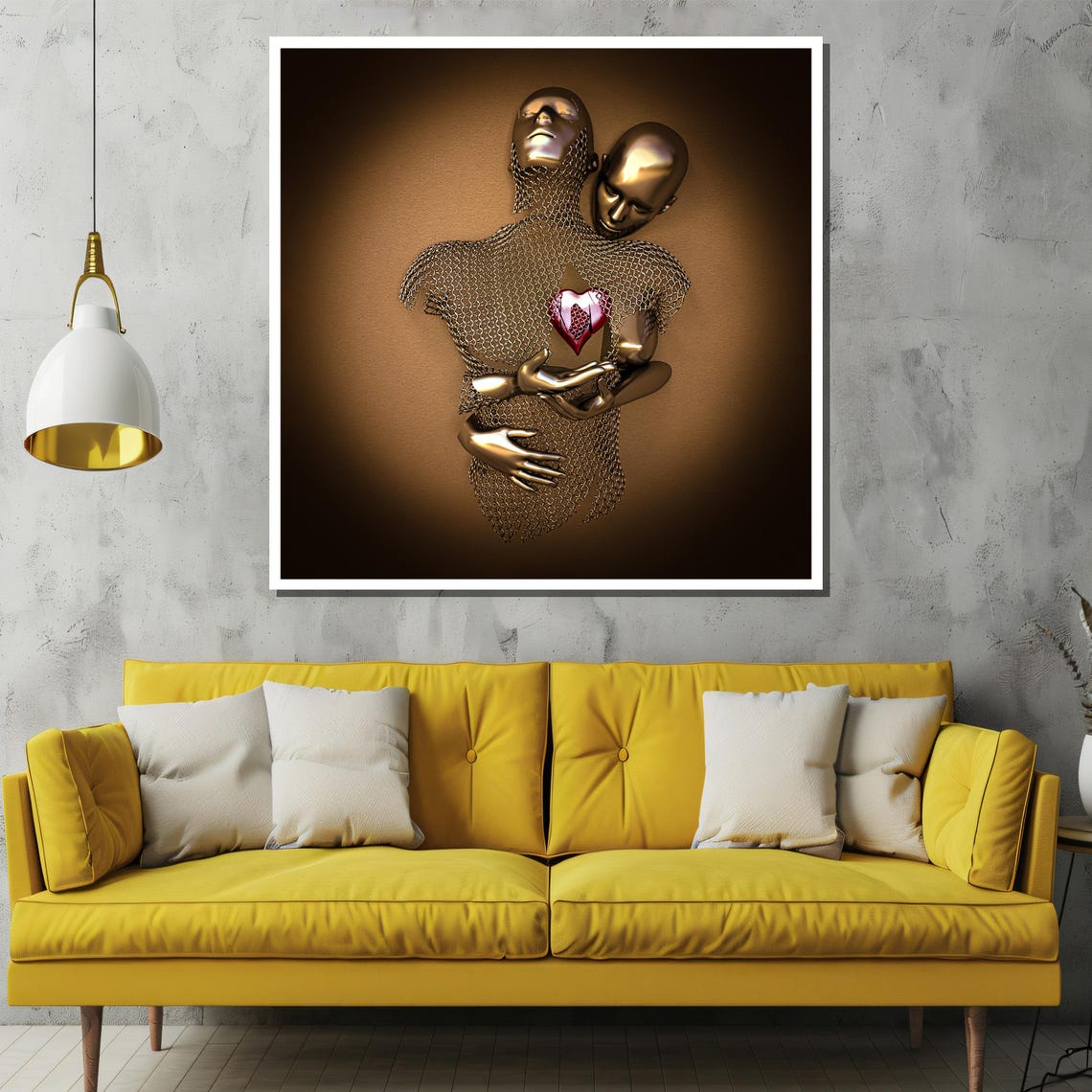 Golden Metallic Lovers Embrace With Glowing Heart Sculpture Poster - Image 2