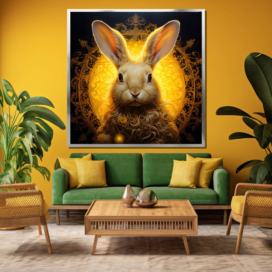 Enchanted Golden Rabbit Before A Glowing Ornamental Halo Poster - Image 3