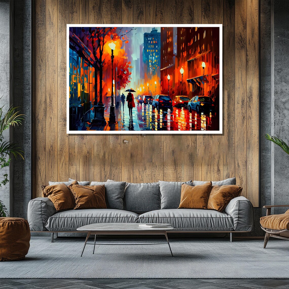 Rainy City Street at Night With Umbrella Figure Neon Painting Poster - Image 2