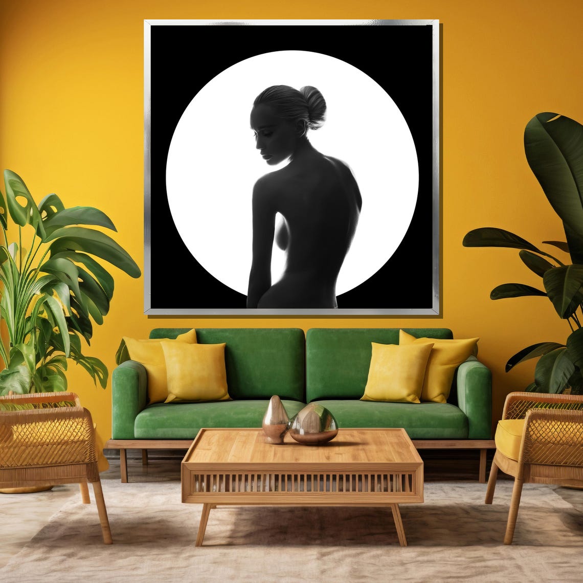 Black and White Nude Woman Silhouette Before a Glowing Moon Poster - Image 3