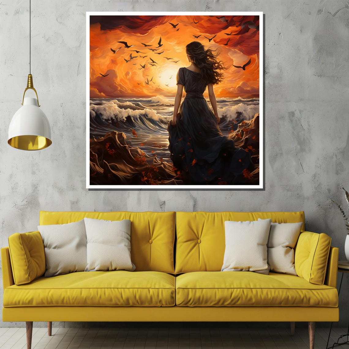 Woman Before Sunset Ocean Waves Seabirds Drama Painting Poster - Image 2