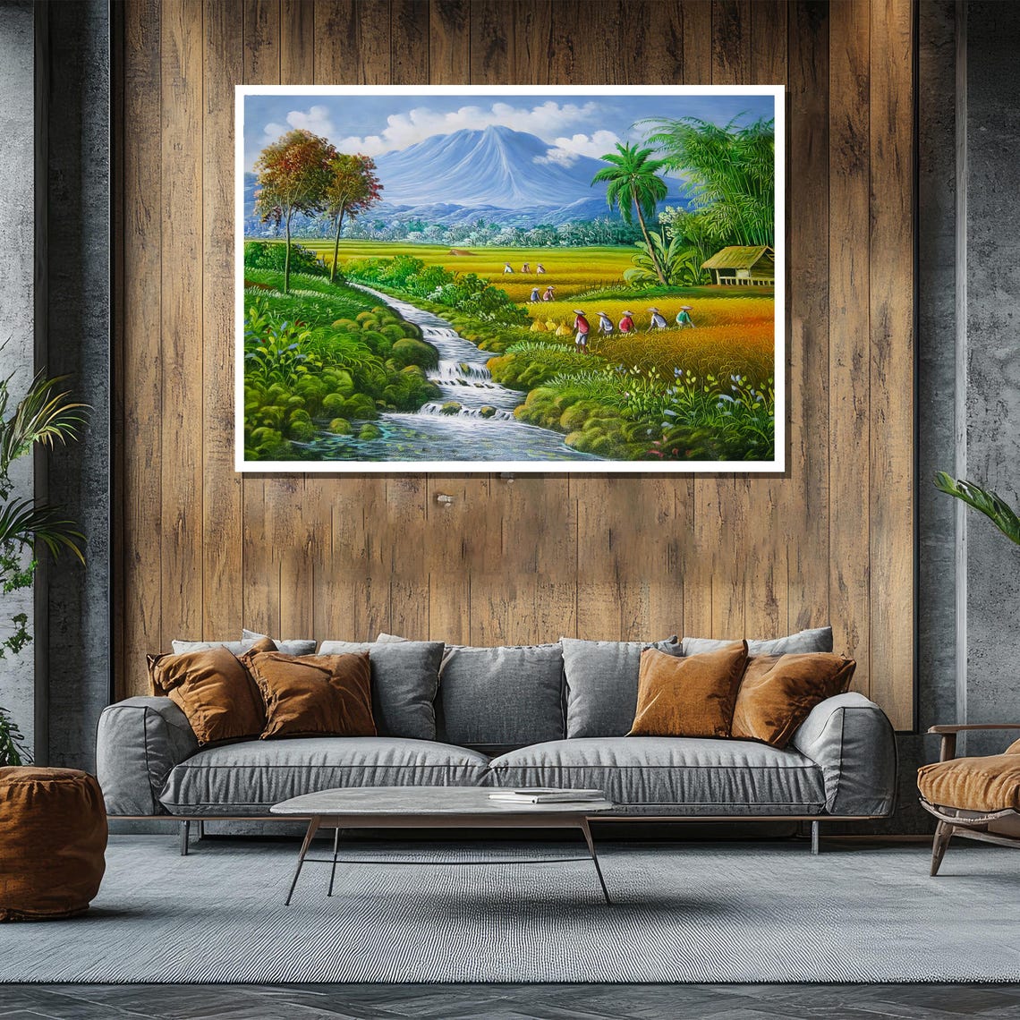 Tropical Rice Fields With Farmers and Volcano Mountain Painting Poster - Image 2
