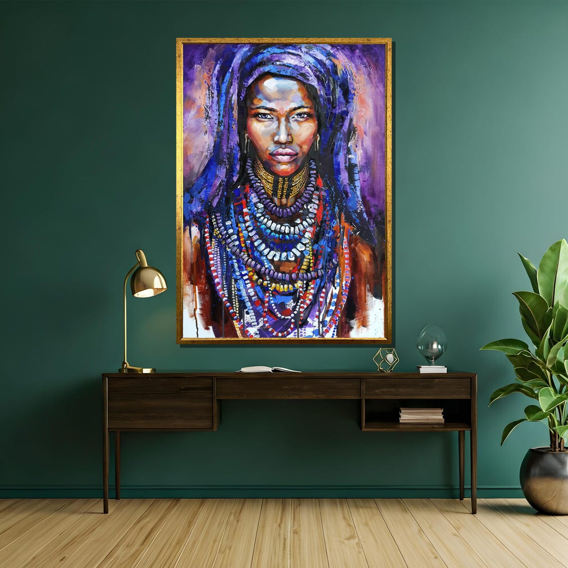 Tribal Woman With Beaded Necklaces Blue Veil Painterly Art Poster - Image 5