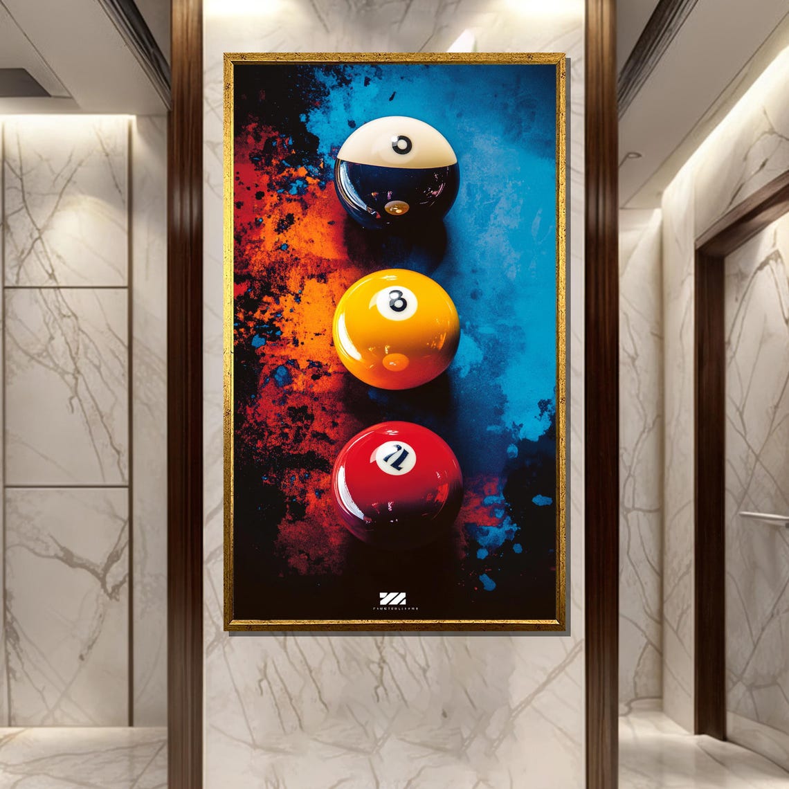 Neon Nights Three Colorful Billiard Balls on Splattered Art Poster
