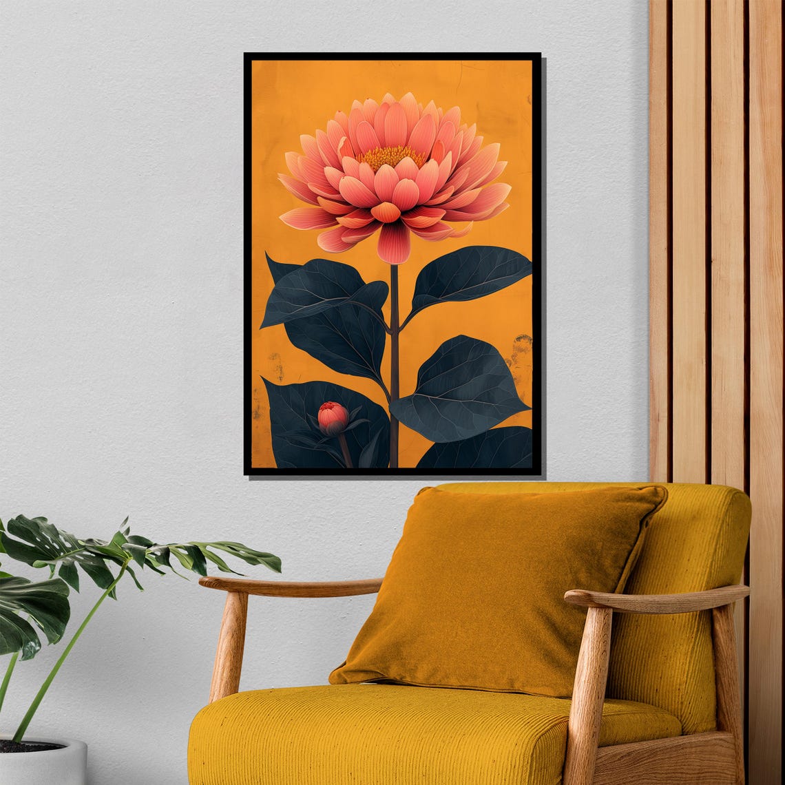 Coral Bloom with Dark Leaves on an Orange Botanical Art Poster - Image 4
