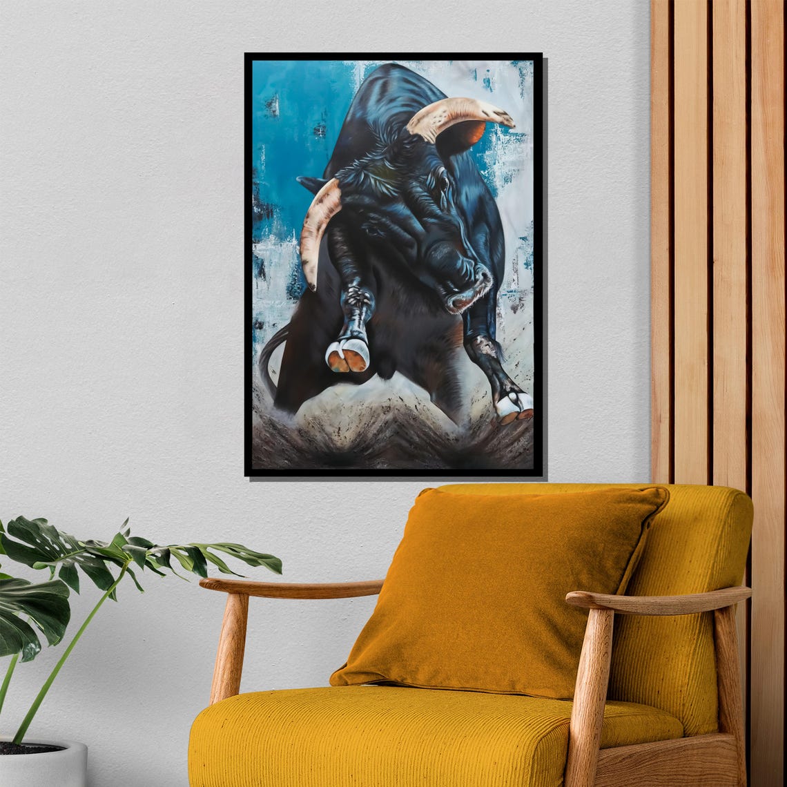 Charging Black Bull Painting Bold Turquoise Wildlife Art Poster - Image 4