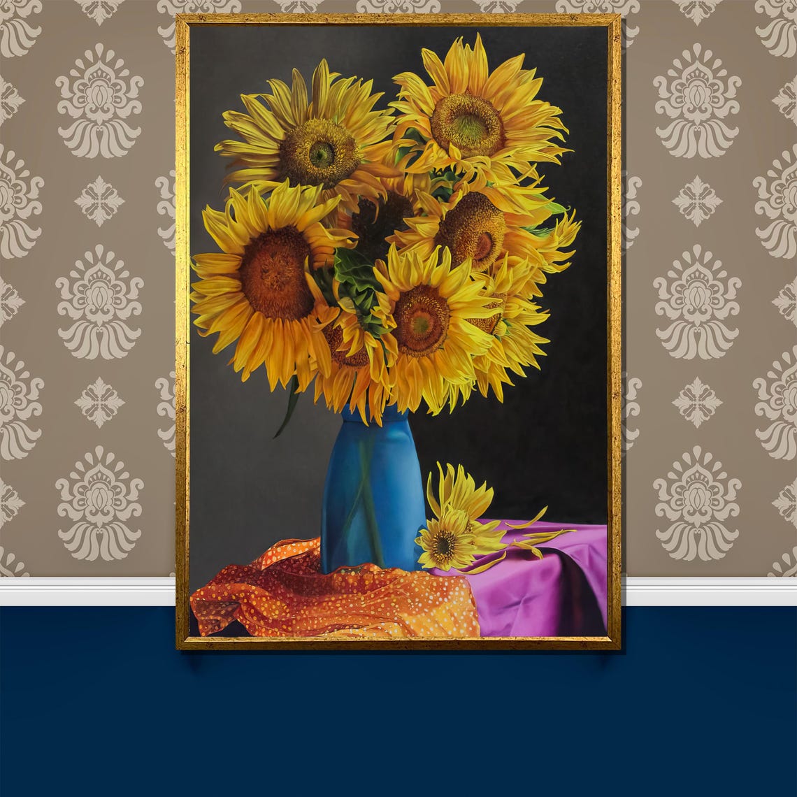 Sunflower Bouquet in a Blue Vase Classic Still Life Painting Poster
