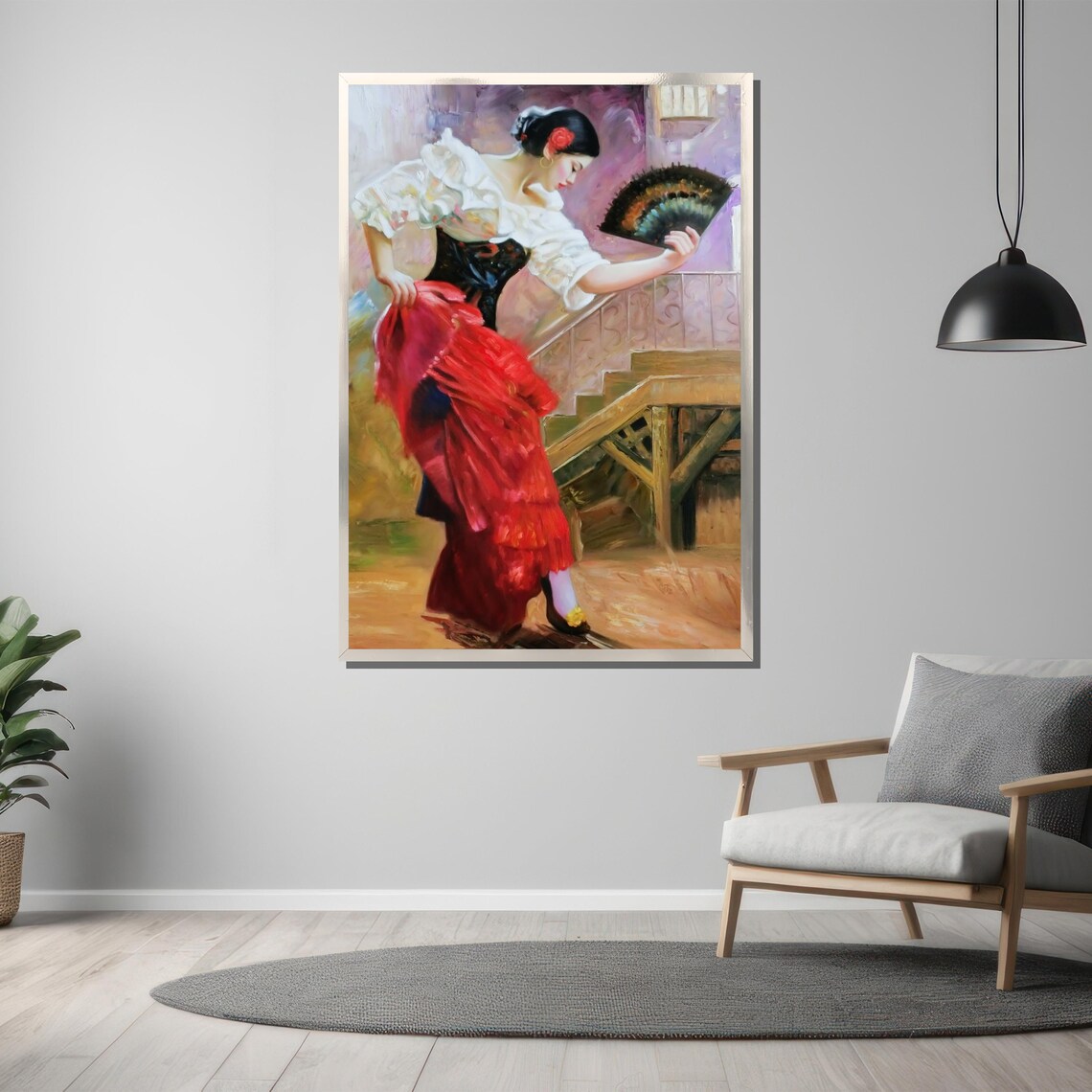 Flamenco Dancer on Stairs With Black Fan Spanish Oil Art Poster - Image 3