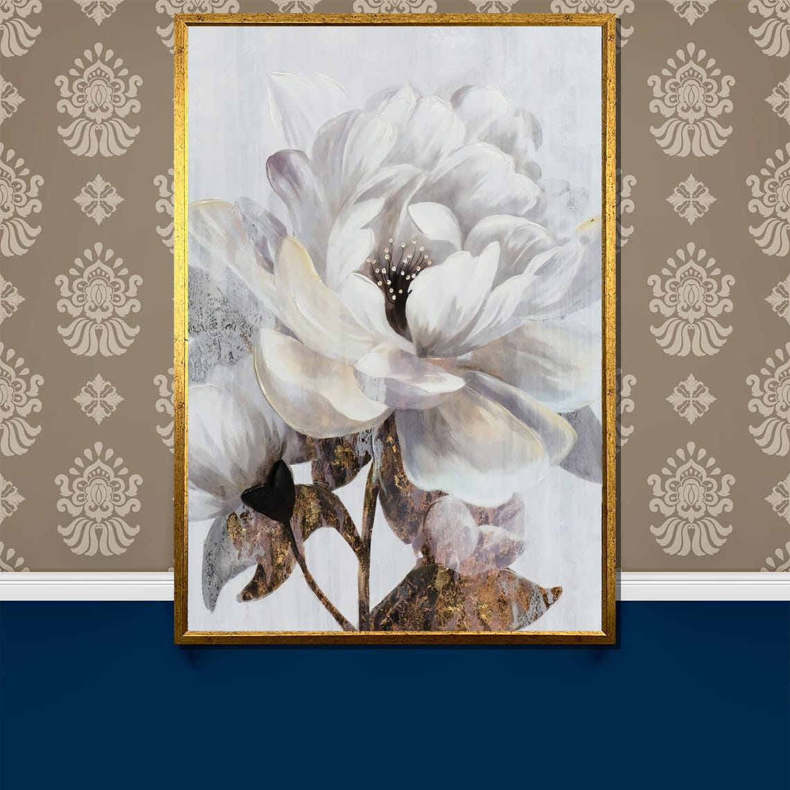 White Magnolia Close Up with Dark Gold Accented Leaves Poster
