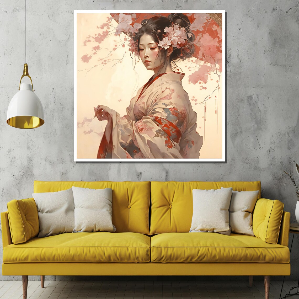 Elegant Geisha In Cherry Blossom Floral Kimono Japanese Art Poster - Image 2