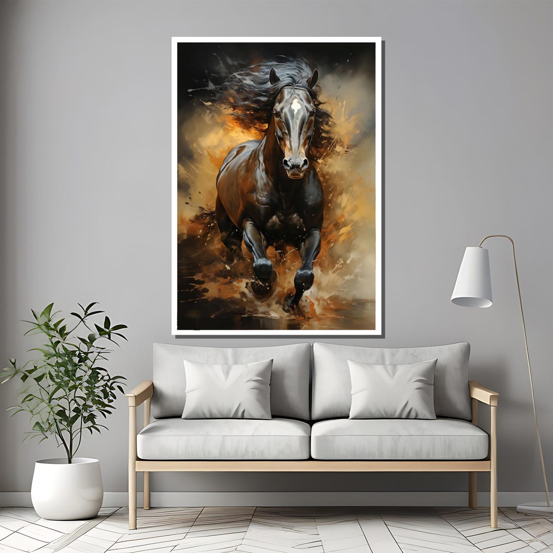 Black Stallion Running Through Fiery Golden Light Art Wall Poster - Image 2