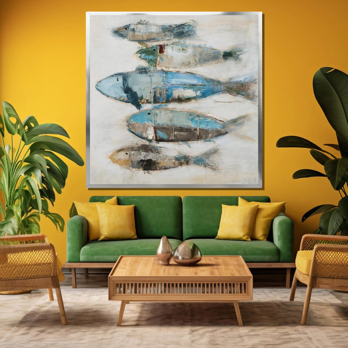 Abstract Blue Fish School Swimming on White Background Poster - Image 3
