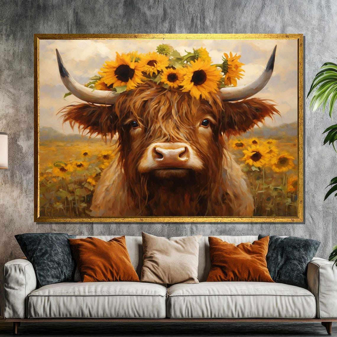 Highland Cow Wearing A Sunflower Crown In A Sunny Field Poster