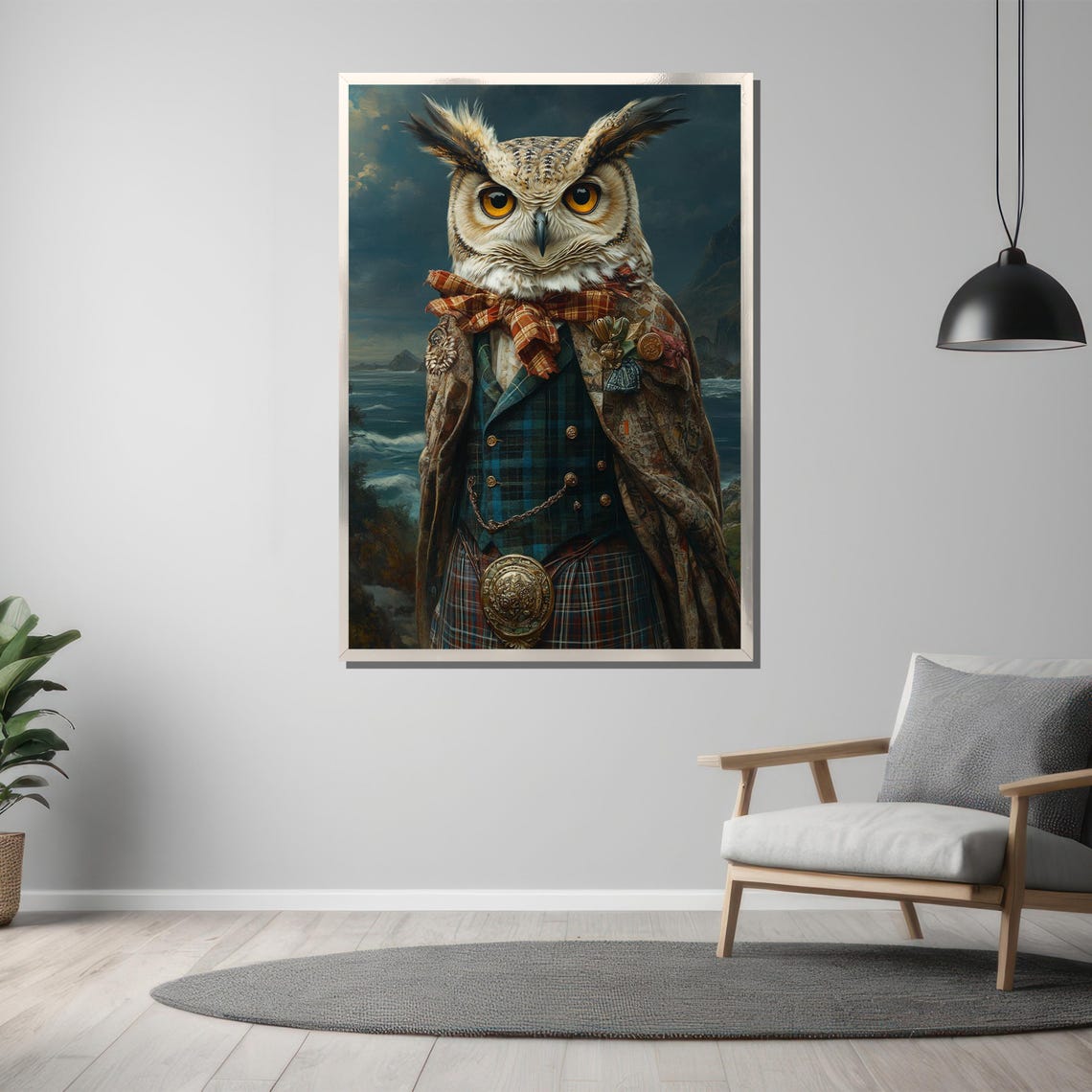 Scottish Owl in Tartan Kilt by the Coastline Portrait Poster - Image 3