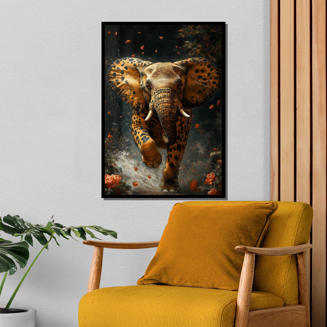 Spotted Giant Cheetah Patterned Elephant Walking in Jungle Poster - Image 4