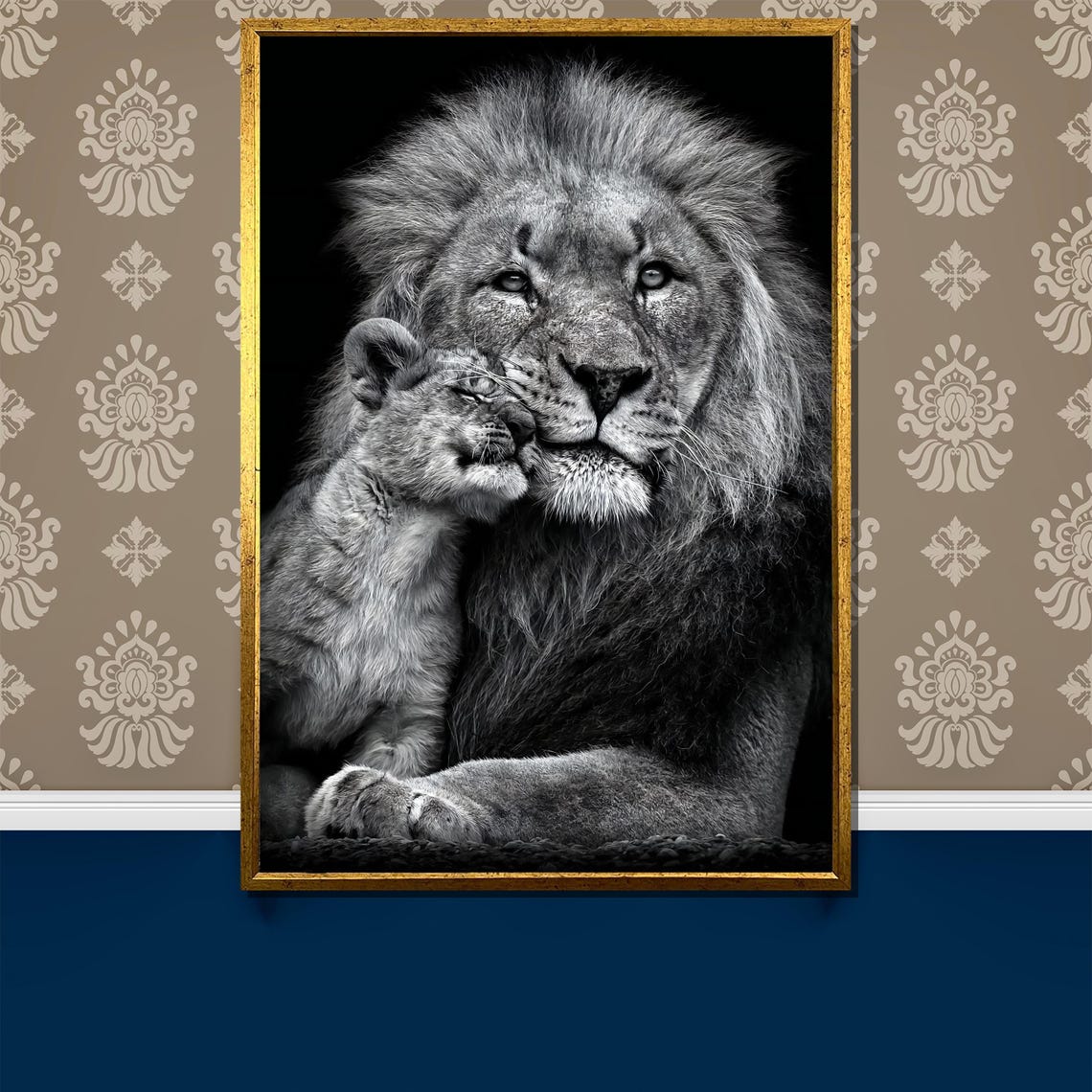 Lion and Cub Nuzzle Tender Black and White Wildlife Art Poster