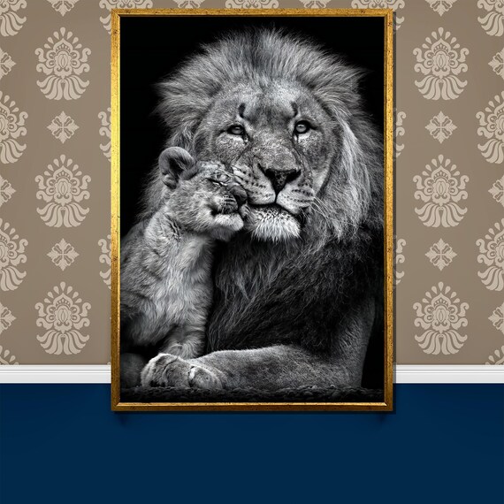 Lion and Cub Nuzzle Tender Black and White Wildlife Art Poster