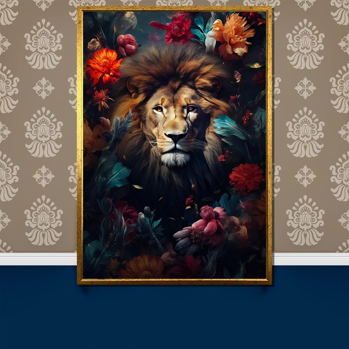 Regal Lion Emerging From A Dark Vibrant Floral Jungle Poster