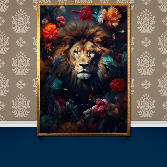 Regal Lion Emerging From A Dark Vibrant Floral Jungle Poster