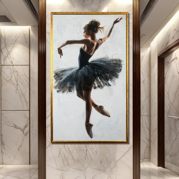 Ballerina In Black Tutu Mid Leap White Background Art Poster