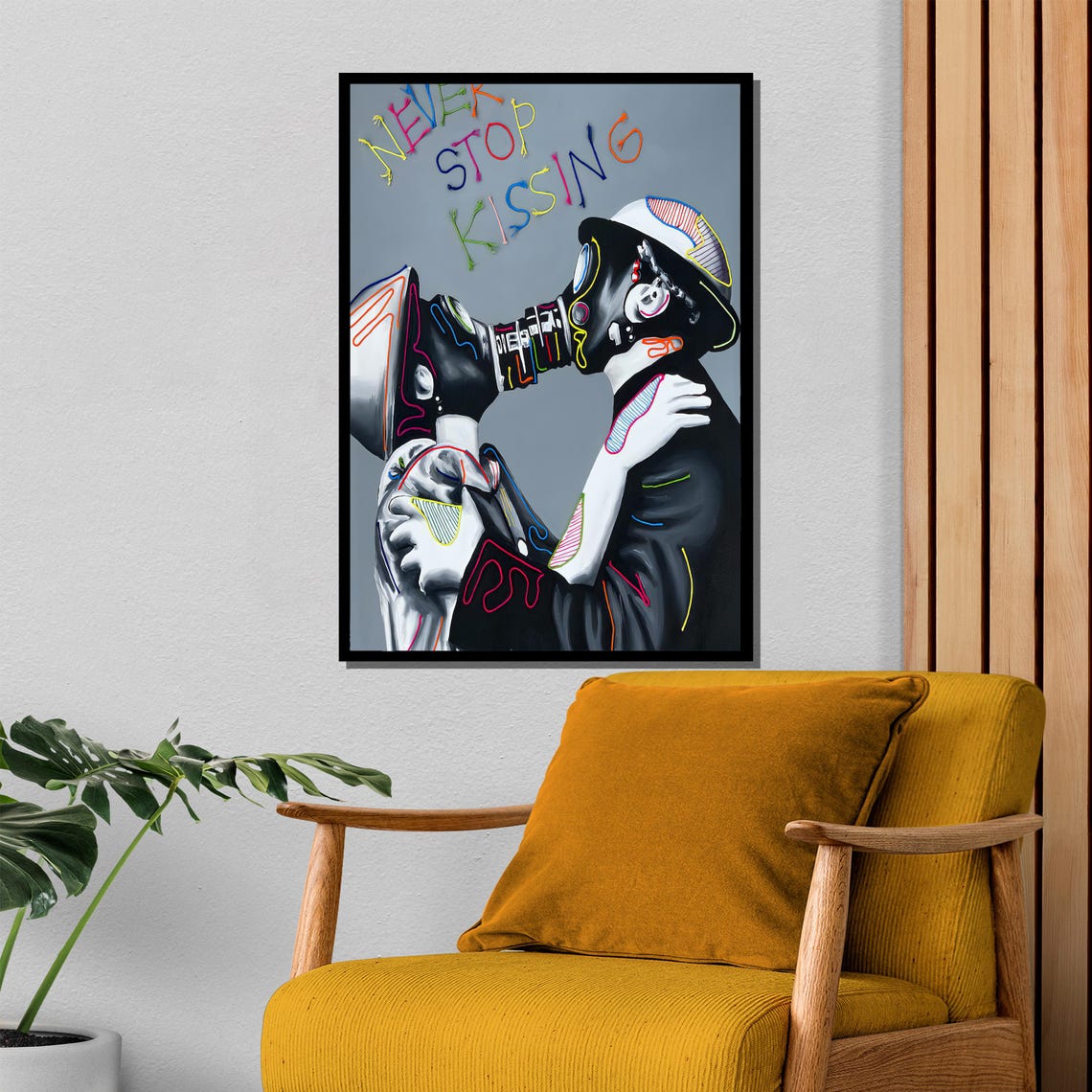 Never Stop Kissing Gas Mask Lovers Bold Neon Line Art Poster - Image 4