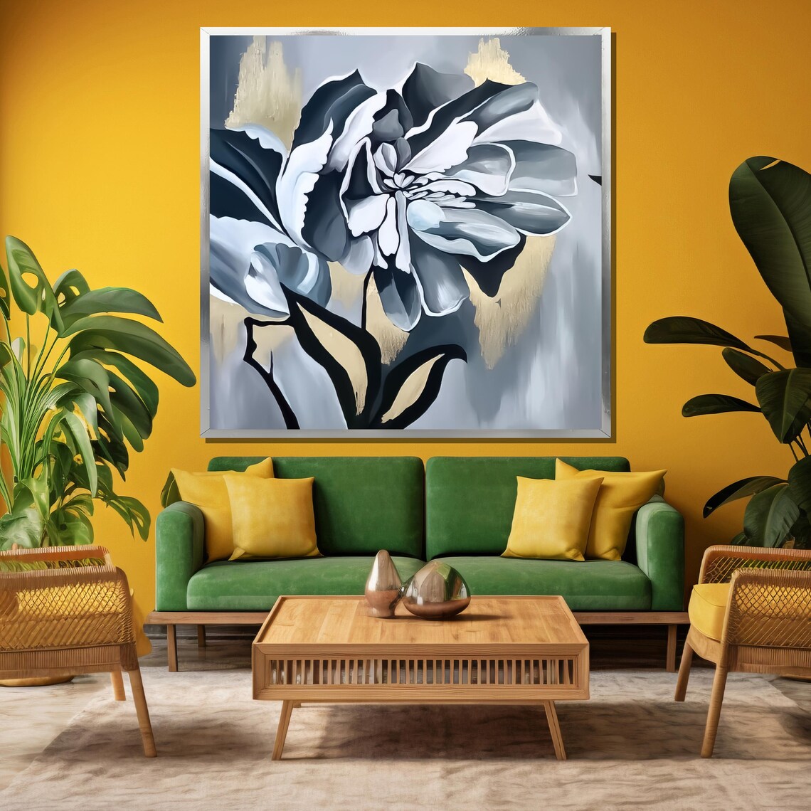 Black And White Monochrome Flower With Gold Accents Art Poster - Image 3