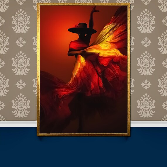 Fiery Flamenco Painting Vibrant Red And Yellow Spanish Dance Art Gift For Passionate Wall Decor And Luxury Home Style