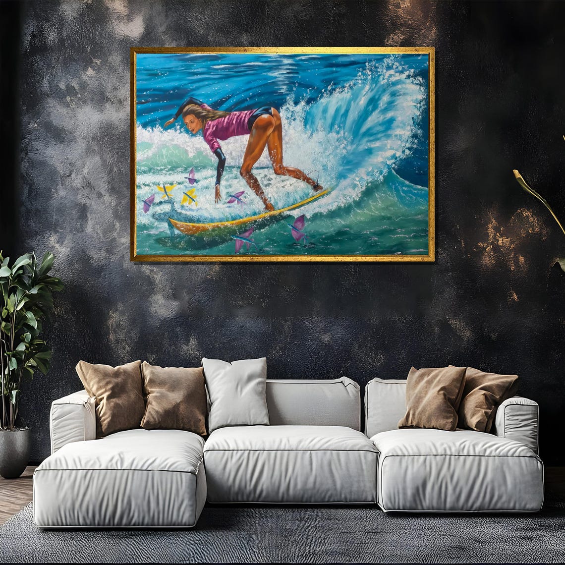 Female Surfer Riding Big Blue Wave Dynamic Surf Painting Poster - Image 5