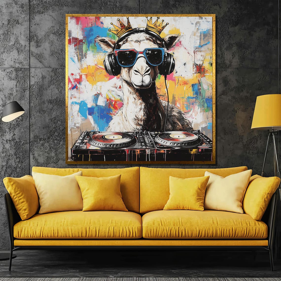 Crowned Alpaca DJ in Headphones Spinning at the Turntables Poster