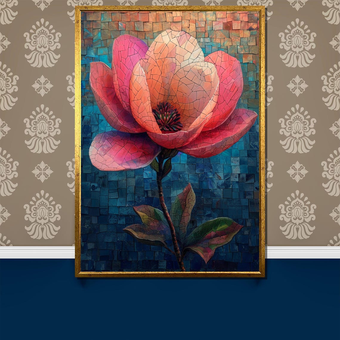 Mosaic Pink Magnolia Bloom Stained Glass Style Flower Art Poster