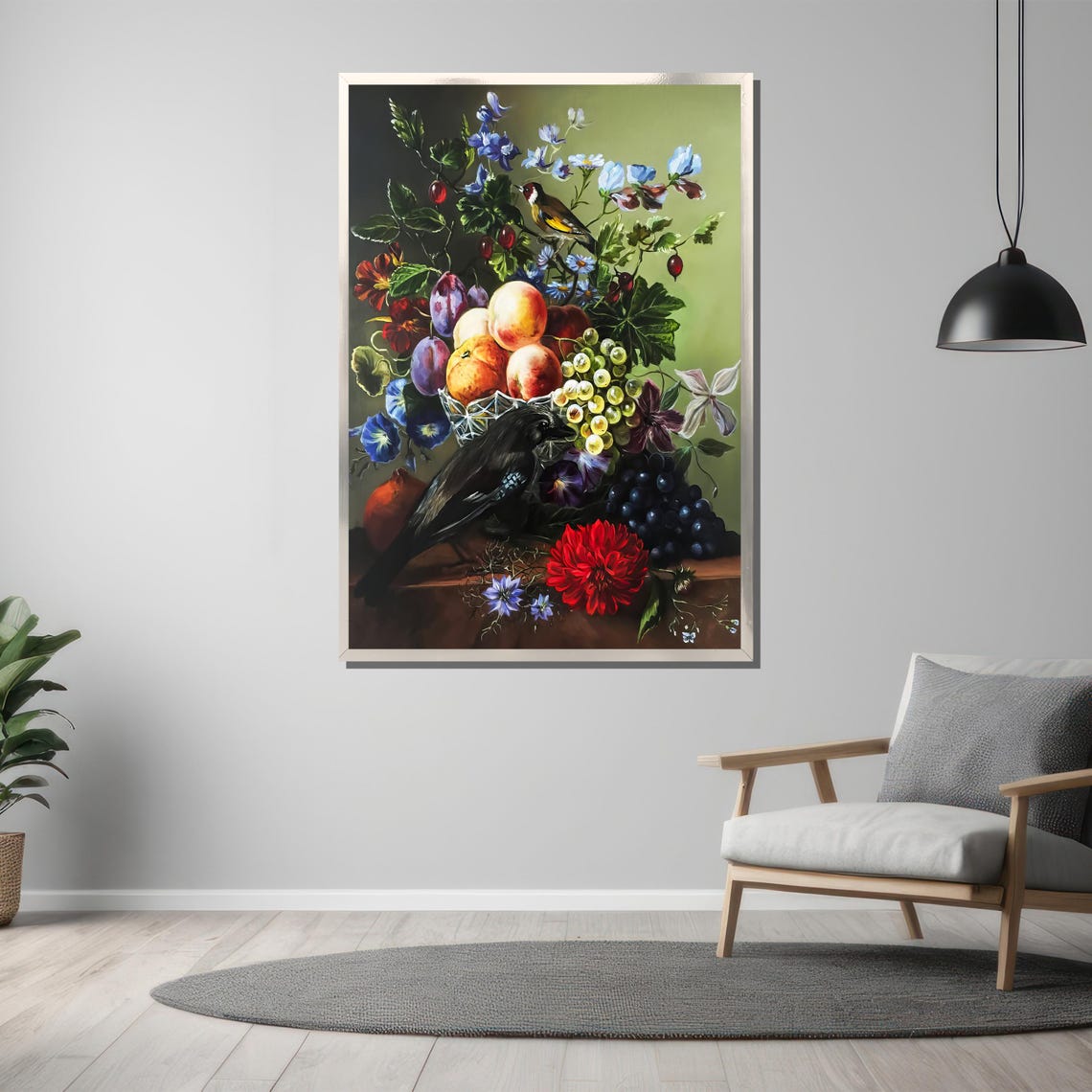 Classical Still Life Fruit Bowl with Birds and Dahlia Poster - Image 3