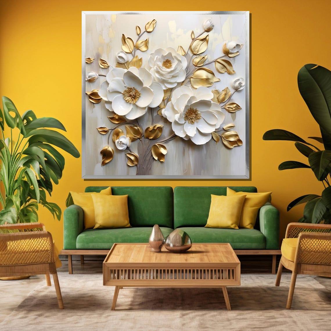 White 3D Flowers With Golden Leaves Luxury Floral Art Poster - Image 3