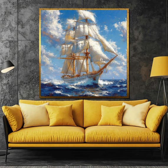 Majestic Tall Ship Sailing The Open Seas Painting Nautical Gift For Home Decor Maritime Adventure Wall Art With Blue Ocean Waves