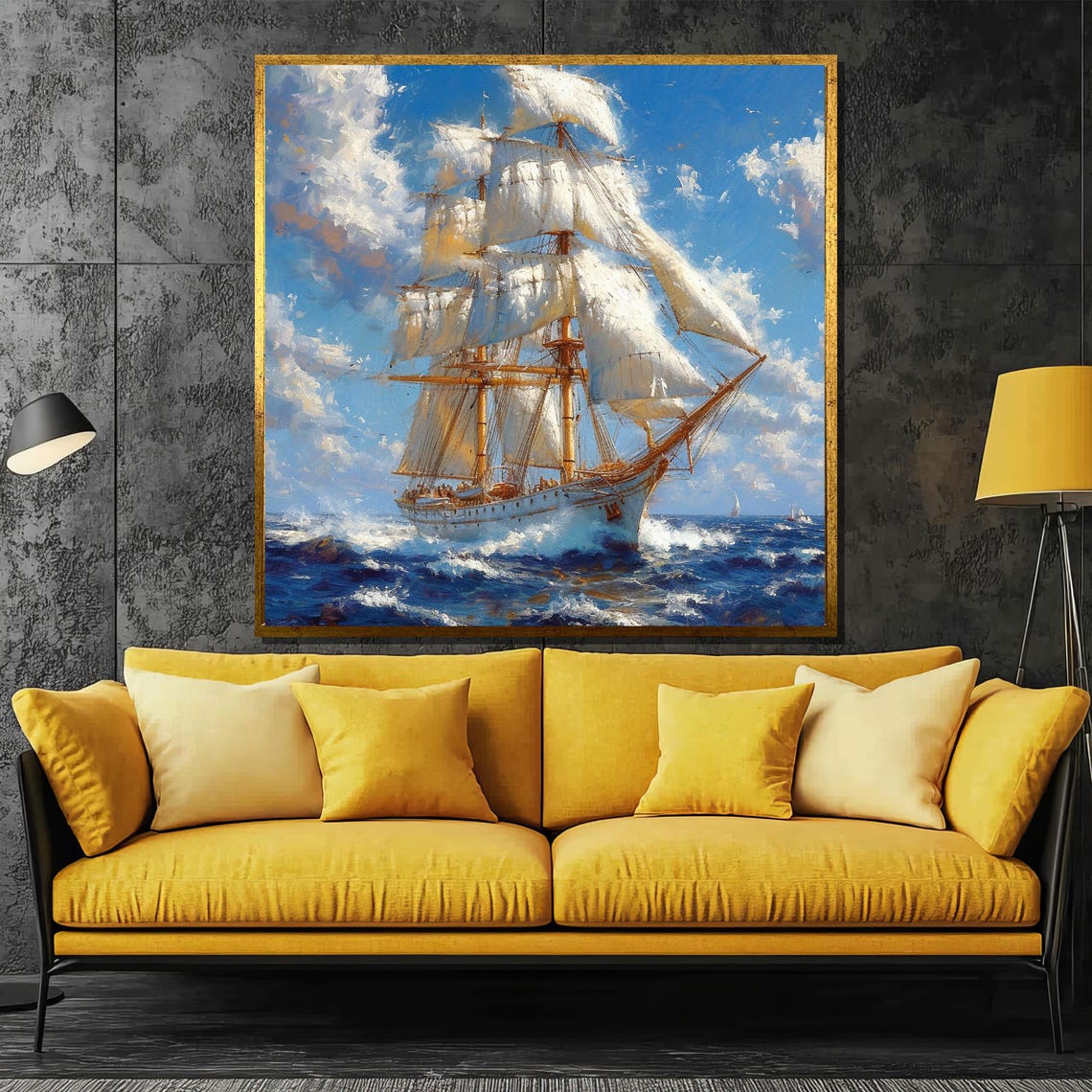 Tall Ship Full Sails Open Ocean Blue Sea Painting Canvas Poster