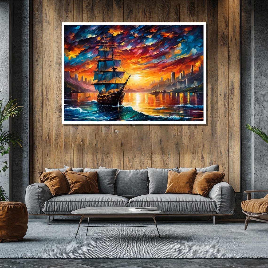 Tall Ship Sailing Into Sunset Harbor With City Skyline Painting Poster - Image 2