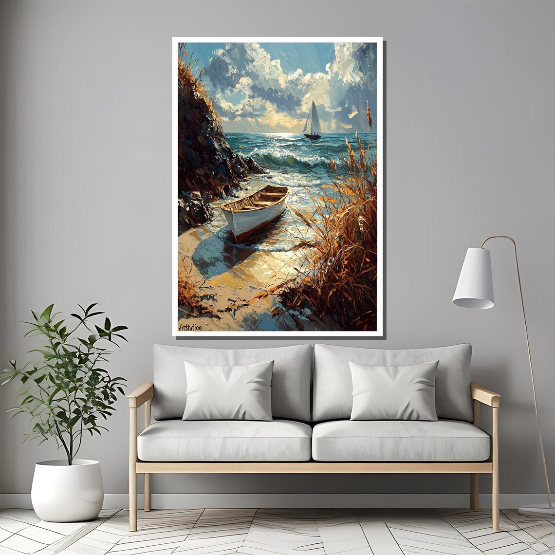 Rustic Rowboat by Ocean Shore, Nautical Wall Art Print - Image 2