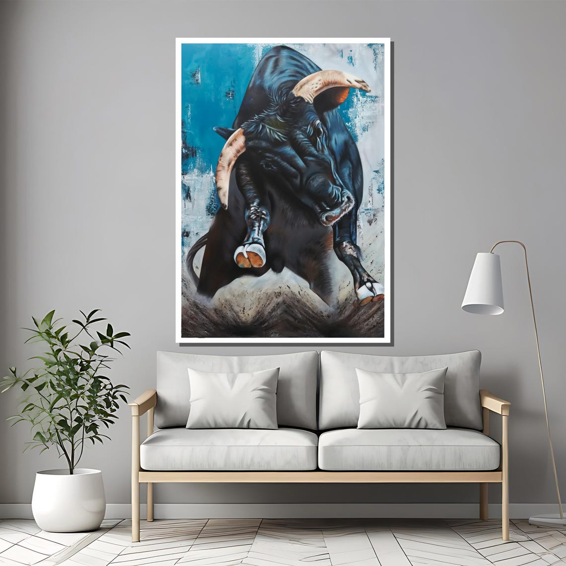 Bold Bull Painting Dynamic Wall Art Gift For Animal Lovers Rustic Decor For Living Room Or Office - Image 2