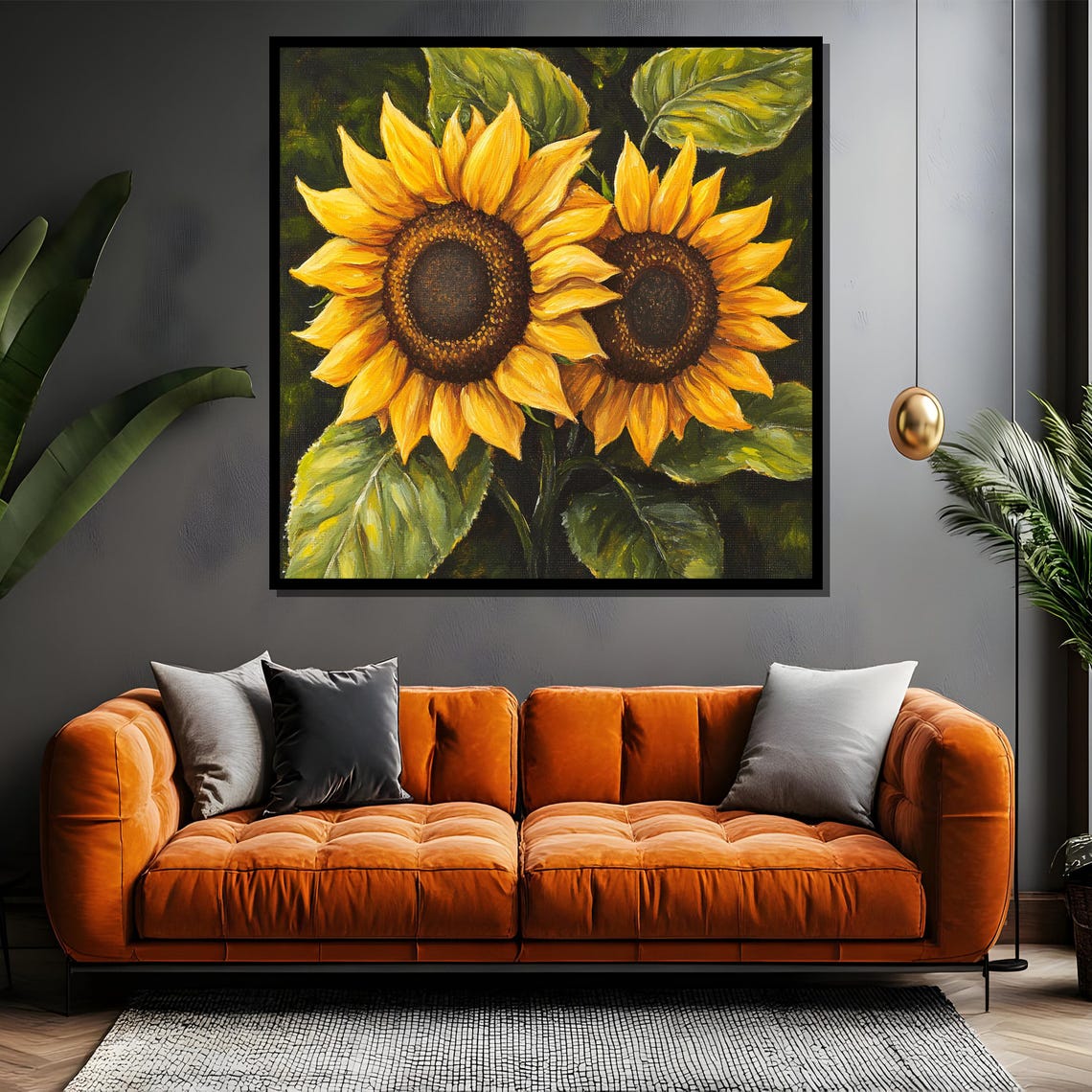 Twin Sunflowers With Green Leaves Cheerful Floral Art Poster - Image 4