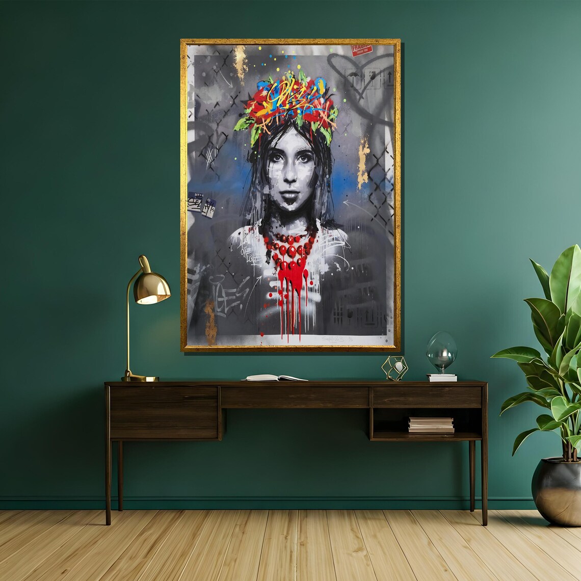 Flower Crown Graffiti Woman Red Necklace Urban Art Portrait Poster - Image 5