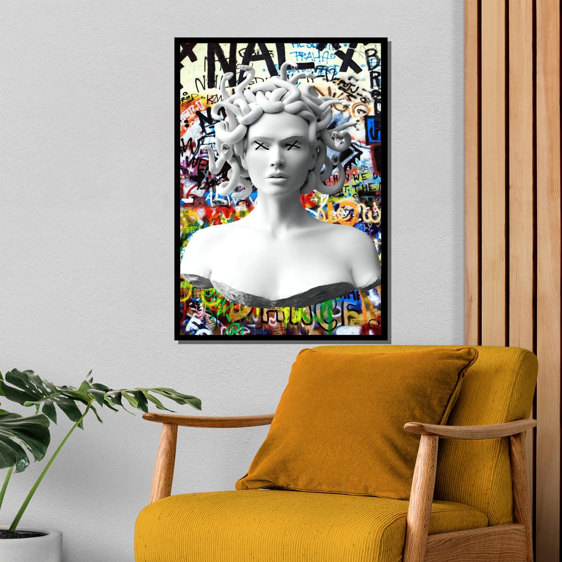 White Medusa Marble Bust Against Colorful Graffiti Wall Poster - Image 4