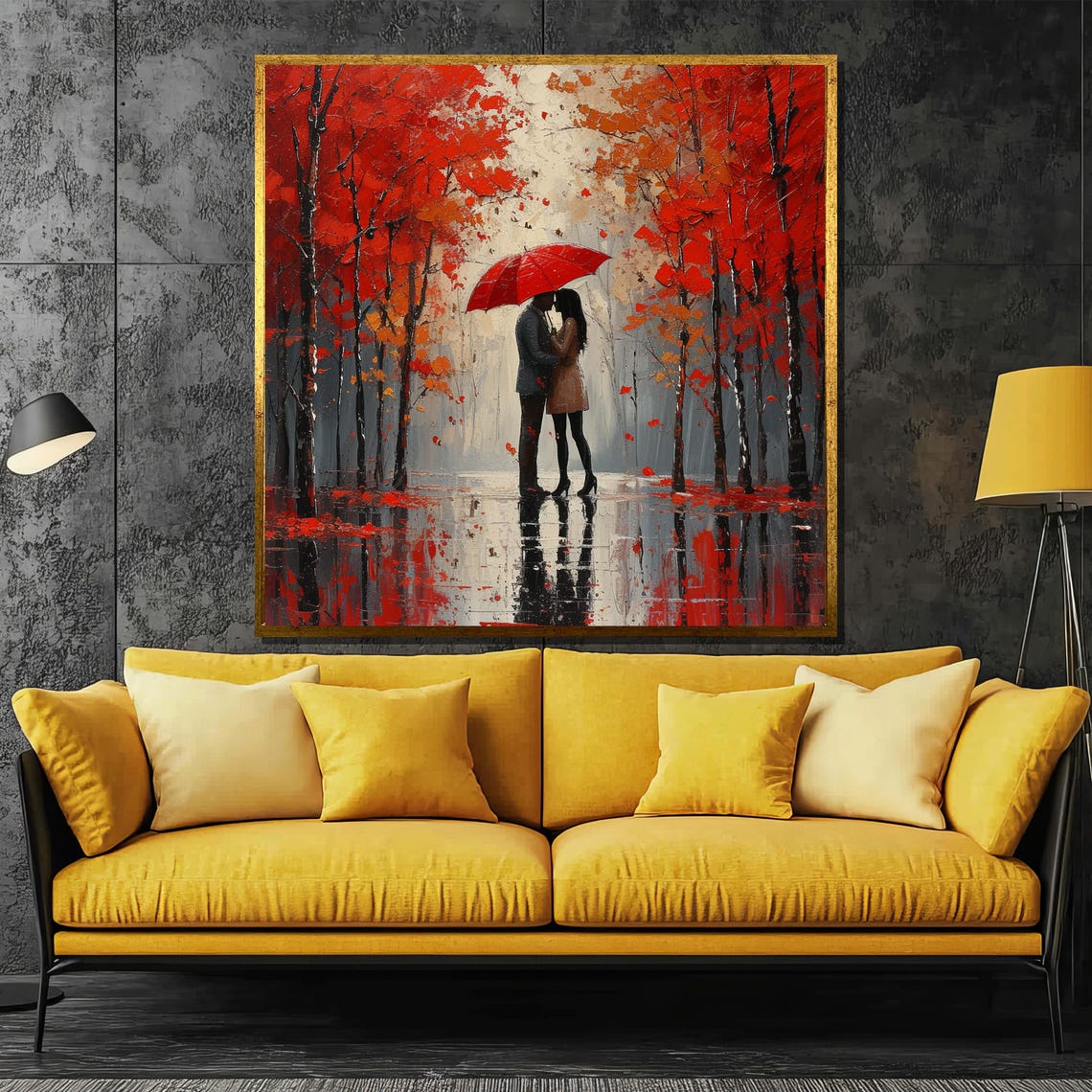 Couple Kissing Under Red Umbrella In Red Autumn Forest Poster