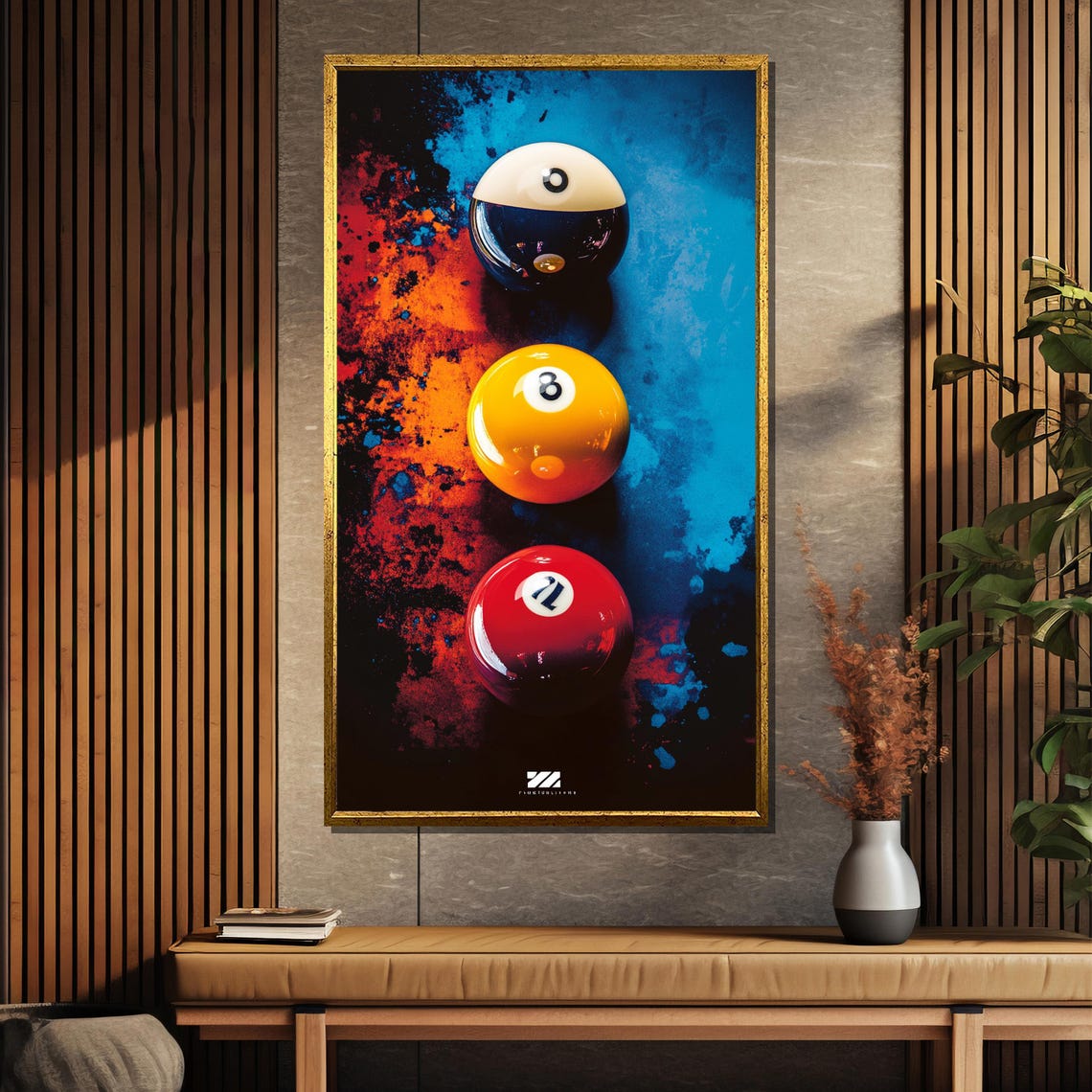 Neon Nights Three Colorful Billiard Balls on Splattered Art Poster - Image 5