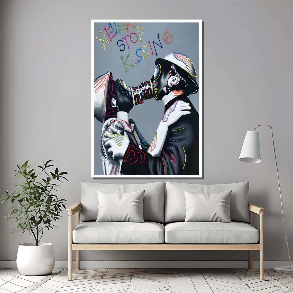 Never Stop Kissing Gas Mask Lovers Bold Neon Line Art Poster - Image 2