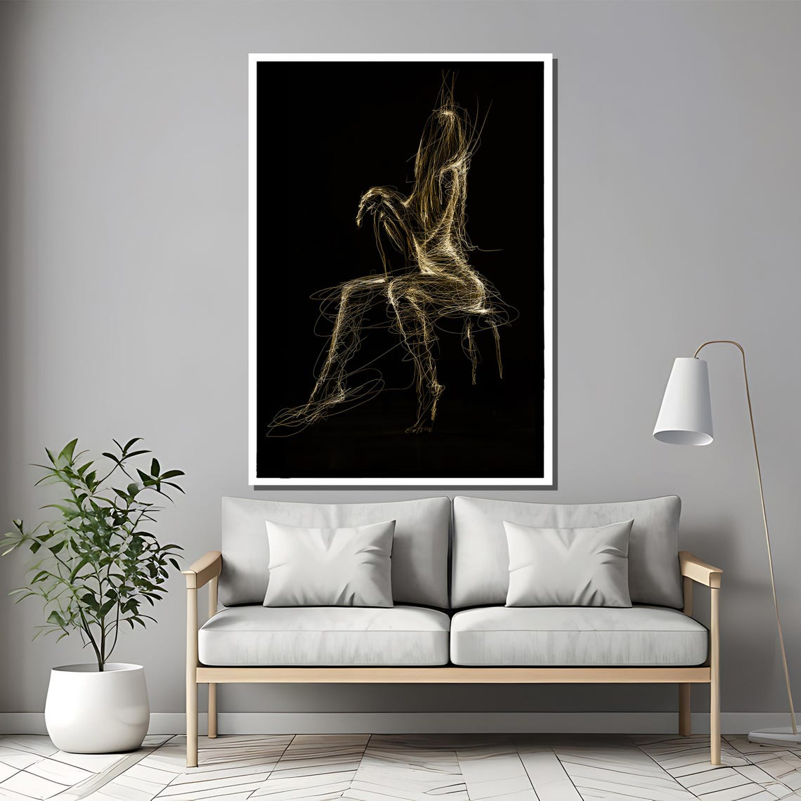 Abstract Gold Line Art Nude Silhouette on Black Background Poster - Image 2