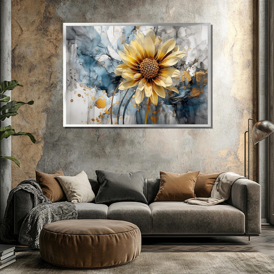 Watercolor Sunflower Bloom with Gold Accents on Abstract Blue Poster - Image 3