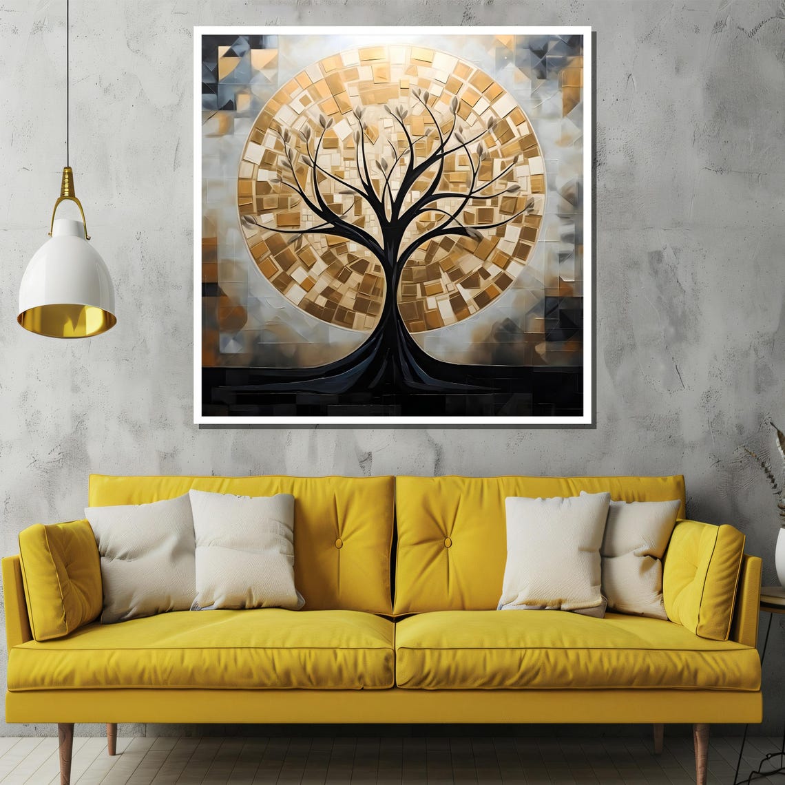 Black Tree Silhouette With Golden Mosaic Moon Circle Art Poster - Image 2