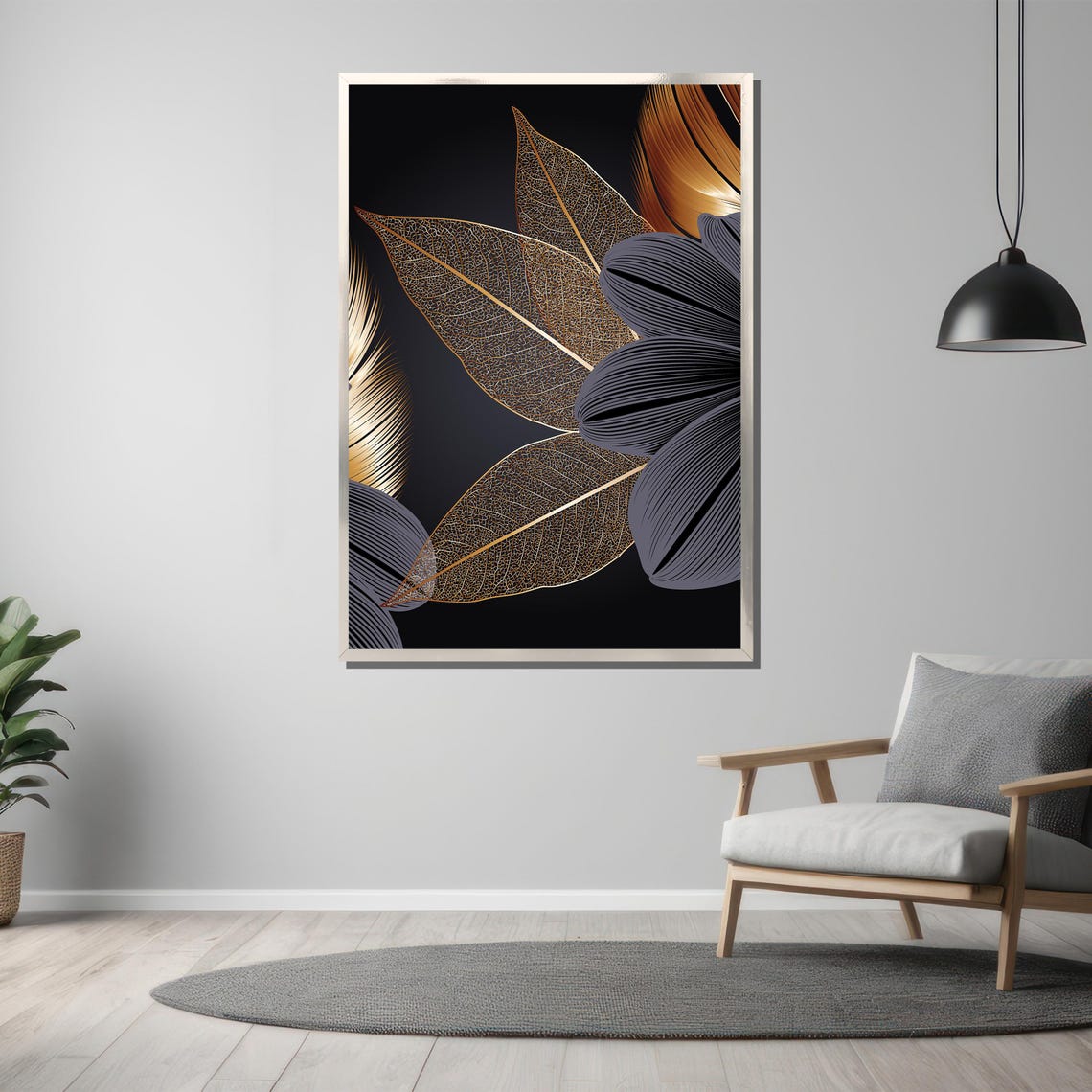 Golden Translucent Leaves And Dark Florals Luxury Art Poster - Image 3