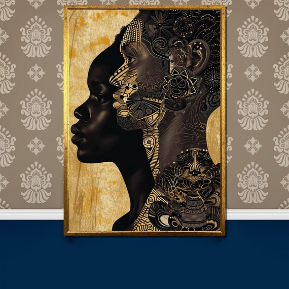 Abstract Afro Profile Painting Gift Black And Gold Ethnic Art For Luxury Home Decor African Inspired Wall Art Portrait