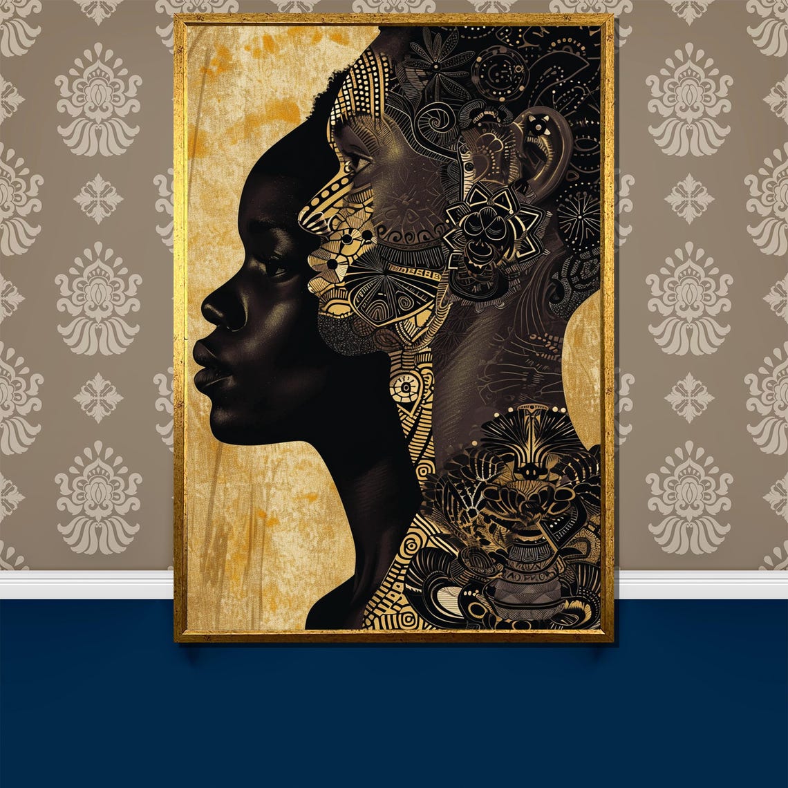 Black And Gold Afro Profile Tribal Pattern Elegant Art Poster